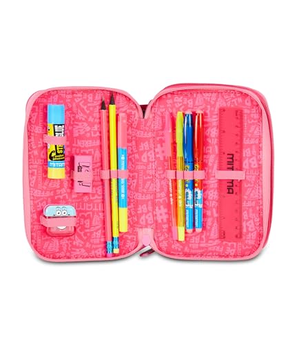 Mitama FURRYPINK Schulmäppchen mit 3 Fächern, Inhalt 47 Stück, komplett mit Bleistiften, Filzstiften, Stifteköcher für die Grundschule für Mädchen, fuchsia, Modern