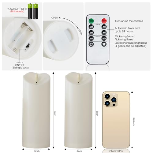 Image of Raycare 8 inchx3 inch Outdoor Waterproof Flameless Candles with Remote and Timer, Battery Operated LED Electric Fake Pillar Candle for Christmas Home Wedding Decor, Ivory White, Set of 2