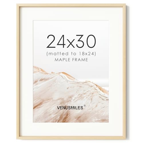 Image of 24x30 Poster Frame, USA-Sourced Natural Maple Wood Picture Collage Frame with HD Tempered Glass, Modern Simple 24 x 30 Wooden Photo Frame Matted to 18x24, Vertical & Horizontal Wall Hanging Display