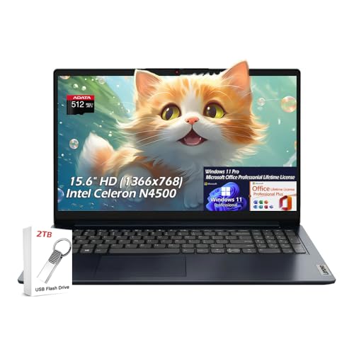 Image of Lenovo Ideapad 1 Laptop, 15.6 inch HD Anti-Glare, Intel Celeron N4500, 8GB RAM 640GB Storage(128GB eMMC+512GB Card),WiFi6, Bluetooth, Win11Pro Office Lifetime License, w /2TB Flash Drive, W /GaLiMu