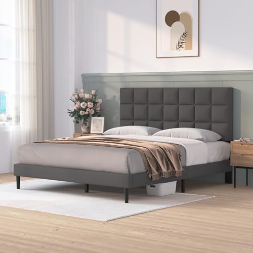 King Size Bed Frame with Headboard, Upholstered Platform Bed, Strong Weight Capacity, Wooden Slats Support and Noiseless, No Box Spring Needed, Easy Assembly, Dark Grey