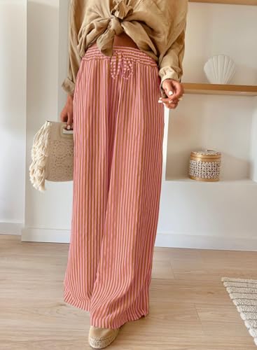 Image of Acelitt Women Casual Drawstring Elastic Waist Striped Wide Leg Pants with Pockets, S-XXL
