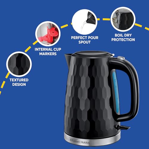 Russell Hobbs Honeycomb Black Cordless Electrical Kettle, 1.7L, Premium Plastic, Gloss End, Quick Boil 3KW, Washable Anti-Scale Filter, Push Button Lid, 26051 - Image 4