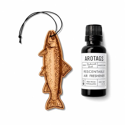 Image of Arotags Trout Car Air Freshener Kit, Reusable Wood Hanging Diffuser with 30 mL Backwoods Birch Fragrance Oil, Fishing Car & Truck Accessory