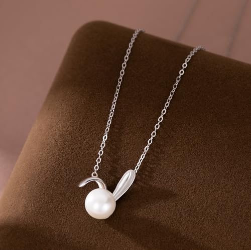 SLUYNZ 925 Sterling Silver Pearl Rabbit Pendant Necklace for Women Teens Easter Rabbit Choker Necklace Chian3