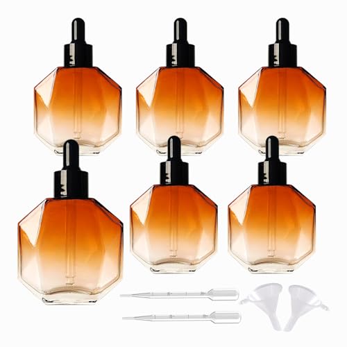 Amber Glass Dropper Bottles for Essential Oils 50ml/1.7oz 6 Pcs Diamond Glass Bottles with Dropper, for Perfume Hair Oils Serums and other liquids (－Amber, 50ML/1.7OZ)