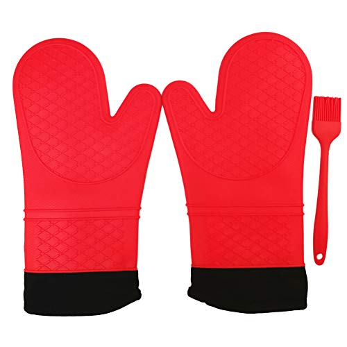 Extra Lang Professionelle Silikon Ofen Handschuhe für hitzebeständig Topflappen Handschuhe mit gestepptem Innenfutter rutschfeste Grip Grillhandschuhe 1 Paar Farbe rot, grün, orange, blau Cover