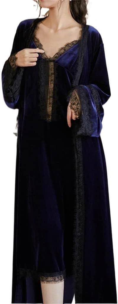 Night Dress Long-sleeved Robe Set V-neck Lace Edge Bathrobe Gold Velvet Winter Loungewear Kimono