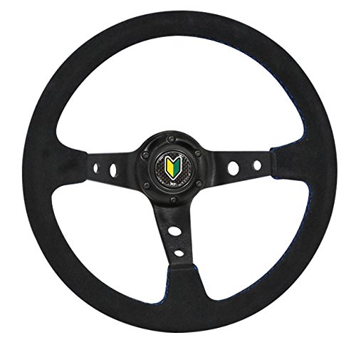 AJP Distributors Universal Replacement 350mm Deep Dish Suede Wrapped Blue Stitching Steering Wheel Black With Wakaba Horn Button