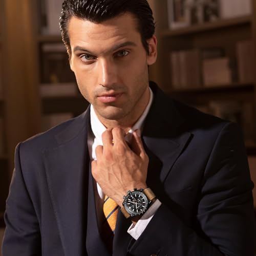 Mens Watches BY BENYAR Chronograph Analog Quartz Movement Leather Band Stylish Sports Designer Wrist Watch 30M Waterproof Elegant Gift for Men