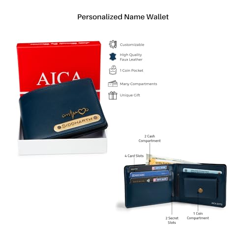 Image of AICA Personalized Name & Charm Leather Wallet Mens Combo & Led Lamp Giftset (Navyblue) | Customized Birthday Anniversary Wedding Gifts for Brother Husband Father Boyfriend Boy Friend | Gifts Hamper