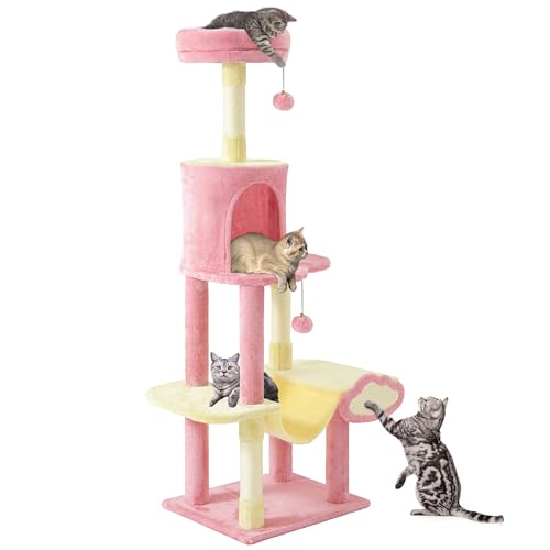 YITAHOME Albero per gatti di lusso con amaca e tiragraffi, albero per gatti a più livelli rosa con trespolo per gatti di grandi dimensioni, torre salvaspazio per appartamenti e soggiorno, rosa