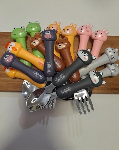 Image of Baby Self Feeding Spoon and Fork Set with Travel Case Stainless Steel Kids Cutlery Toddler Training Utensils Color as per Stock (Baby Self Feeding Spoon and Fork Set)