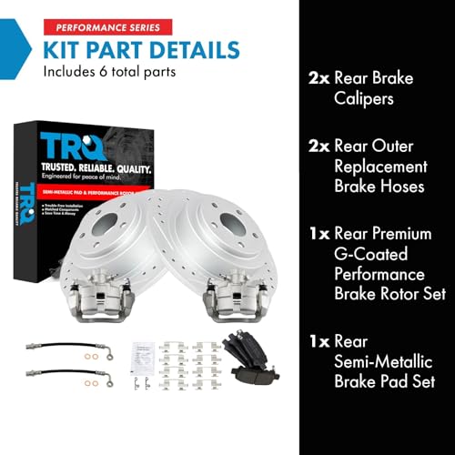 Image of TRQ Performance Rear Brake Pad and Rotor Set Semi Metallic Slotted Drilled G Coated Rotors Calipers Compatible with 2003-2006 Subaru Baja 2000-2004 Legacy 2000-2004 Outback