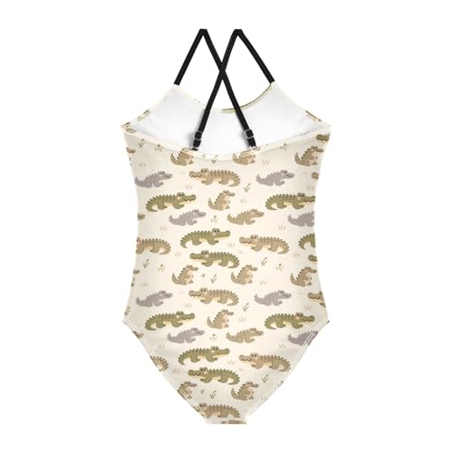senya Girls Swimsuits One-Piece Swimwear Tie Bathing Suit Beach Summer Round Neck 5-6T Alligator Pattern2