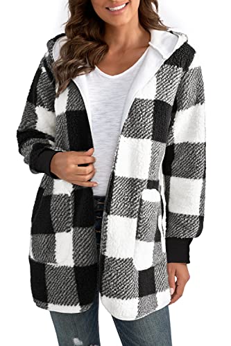 Yanekop Womens Fuzzy Jacket Womens Gifts For Christmas Winter Coats Sherpa Fleece Open Front Hooded Cardigan(02 Black Plaid,3Xl) #TOP2
