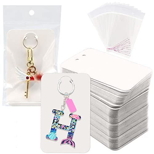 ZYNERY 100 PCS Keychain Display Cards, 3 x 4.7 Inch Keychain Holder with Self-Sealing Bags, Card Display Rack for Displaying Keyring Jewelry Bulk Keychains Packaging Supplies (White)