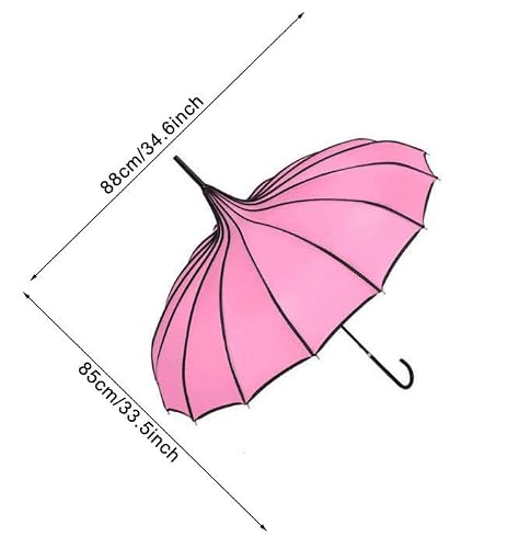 ThreeH Long Pagoda Umbrella Vintage Bridal Parasol for Ladies Girls Windproof 16 Ribs Leather Hooked Handle Rain Sun Umbrella,Pink - Thumbnail 2