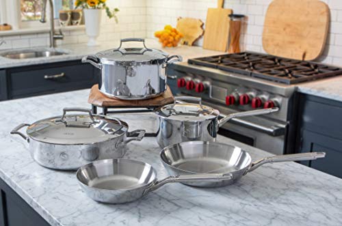 Saveur Selects 8-Piece Tri-Ply Stainless Steel Cookware Set, 5 Essential Pots And Pans, 3 Interchangeable Lids, Induction-Ready, Dishwasher Safe, Voyage Series #TOP5