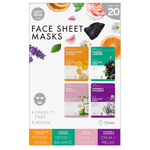 20-Pack Happy Skin Face Sheet Masks | Over 1M Sold | x5 Detox Charcoal & Menthol | x5 Radiant Rose & Green Tea | x5 Calming Lavender & Chamomile | x5 Glow-Boosting Vitamin C & Ginger | For All Skin