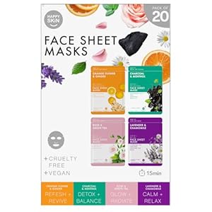 20-Pack Happy Skin Face Sheet Masks | Over 1M Sold | x5 Detox Charcoal & Menthol | x5 Radiant Rose & Green Tea | x5 Calming Lavender & Chamomile | x5 Glow-Boosting Vitamin C & Ginger | For All Skin