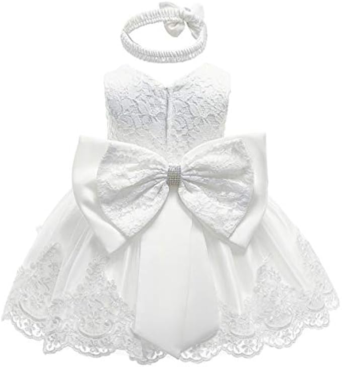 HOIZOSG Baby Christening Dress Lace Pageant Baptism Wedding Formal Bowknot Birthday Party Tutu Flower Girls Dress w/Headwear