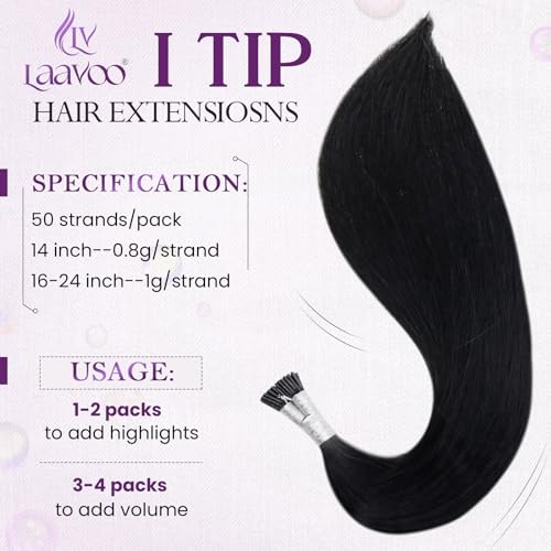 LaaVoo I Tip Hair Extensions Human Hair Black Itip Human Hair Extensions 22 inch Jet Black Itip Hair Extensions Real Human Hair Black Itip Hair Extensions 50g/50s