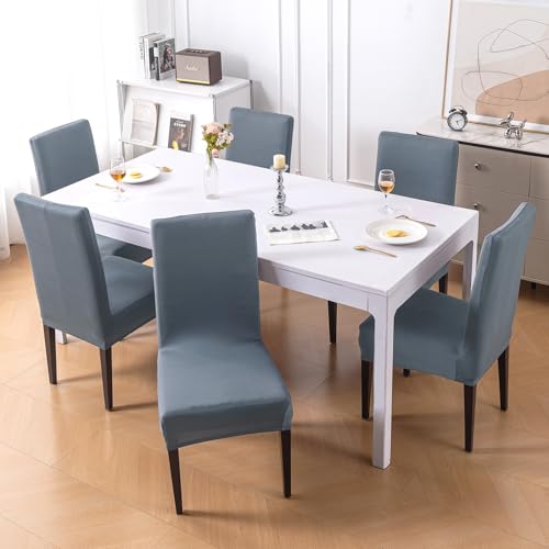 Image of HOKIPO 'SereneSolids' 140 GSM Polyester Blend Dining Chair Cover Set of 6, Smokey Grey (AR-6246-SGRY)