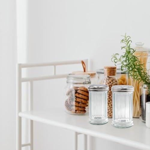 RUIQINQI 12 oz Retro Style Glass Sugar Shakers Dispenser, Glass Jar, Sugar Shaker, Stainless Steel Pour-Flap Lid, For Sugar,Cinnamon,Bee Pollen,pepper and other spices ,1 Pack