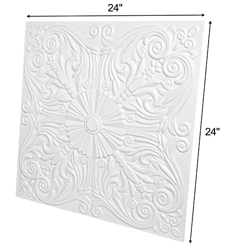 Art3D Decorative Ceiling Tile 2X2 Glue Up, Lay In Ceiling Tile 24X24 Pack Of 12Pcs Spanish Floral In Matt White #TOP3