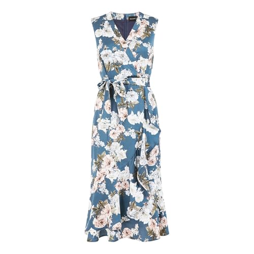 Mela London Womens Blue Floral Satin Wrap Midi Dress Blue 10