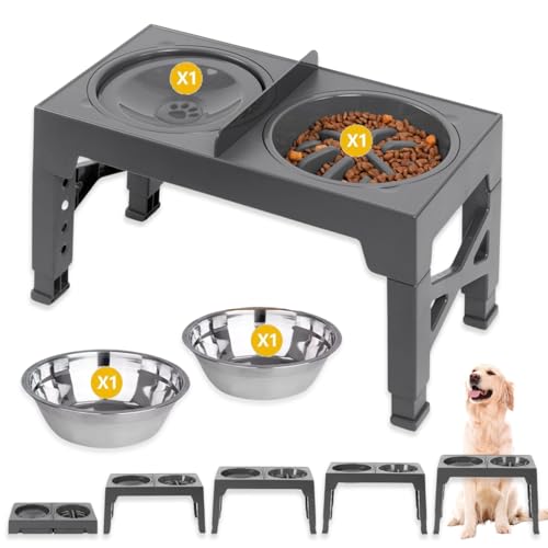 Comedero Perro Elevado [5 Alturas Ajustable + 4 Cuencos Extras] - Comedero Elevado Perro - Comedero Perro Antivoracidad Y Bebedero - Apto Perros Pequeños, Medianos Y Grandes- Auméntale Su Salud