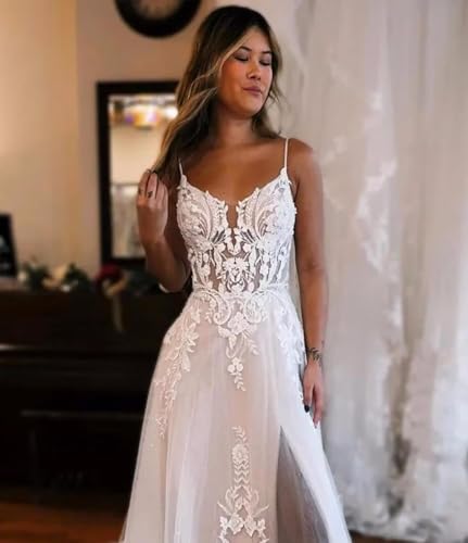 Lace Wedding Dresses for Bride Spaghetti Straps Bridal Gown V Neck Wedding Party Dress with Slit3