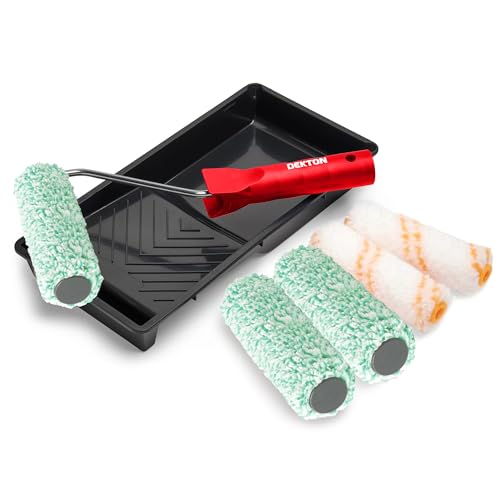 Dekton Trade 4 Emulsion Set 7pc Trade-Woven Roller| Ideal For Paints On Walls & Ceiling| Medium Pile Woven Fabric Sleeves| Durable Finish, Seamless Repairs On Nicks| 3 Pile & 2 Standard Sleeves, Tray