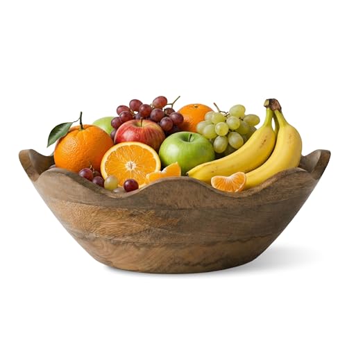 Mela Artisans 12-Inch Mango Wood Scalloped Bowl - Hand-Finished Decorative Serving and Fruit Bowl with Natural Grain for Kitchen Counter, Snacks, Desserts, Bread and Home Decor Centerpiece