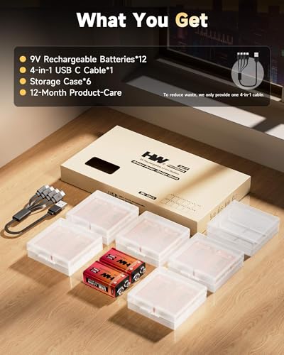 12 Pack HW 9 Volt Rechargeable Batteries, USB-C Lithium - image 5