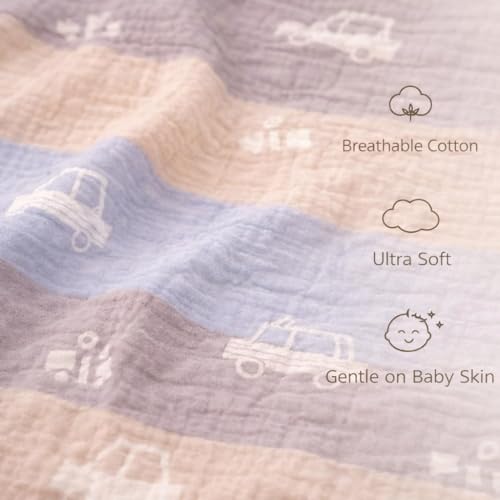 Image of 100% Cotton 6-Layer Muslin Baby Blanket | Super Soft, Breathable & All Seasons Multipurpose Blanket for Babies (Car)