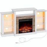 Rolanstar Fireplace TV Stand with Led Lights and Power Outlets, TV Console for TVs 59", Entertainment Center with Adjustable Glass Shelves, Ivory White
