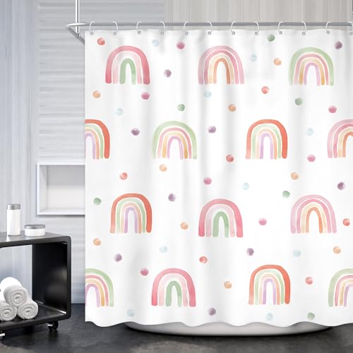 Image of Kids Rainbow Shower Curtain for Girls Cute Girly Polka Dot Shower Curtain | Toddler Nursery Child Bathroom Set Modern Minimalist Aesthetic Curtain Bathtub Accessories Decor 60Wx72L