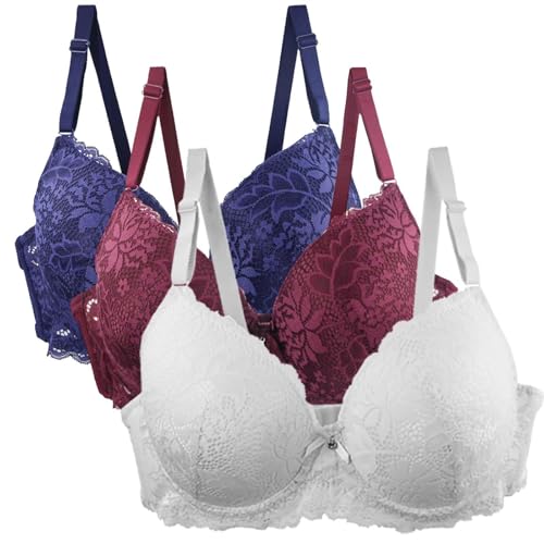 3er Pack Damen BH Set Lace Up BH Set Bequemer Spitze BH mit Verstellbaren Trägern Elegante Unterwäsche für Alltag und Freizeit Mehrfarbige BHs BHs für Frauen 36c, weiß, 95C