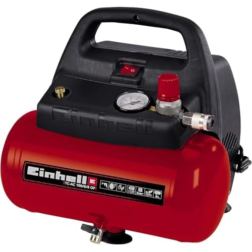 Einhell TH-AC 190/6 OF - Compresor de aire, 8 bar, depósito 6 l, aspiración 185 l /min, 1100 W, 230 V, color rojo y negro