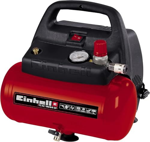 Einhell Compresor TC-AC 190/6/8 OF (1.100 W, máx. 8 bar, motor exento de aceite/servicio, depósito de aire comprimido de 6 litros, manómetro, acoplamiento rápido, mango), Color Negro, Rojo