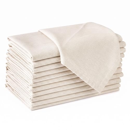 Image of Encasa XO Dining Table Napkins Set of 12, 45x45 cm | Machine Washable Reusable, Recycled Cotton Cloth Napkin, Soft & Absorbent, Table Decor for Hotels, Farmhouse - White & Ticking Beige