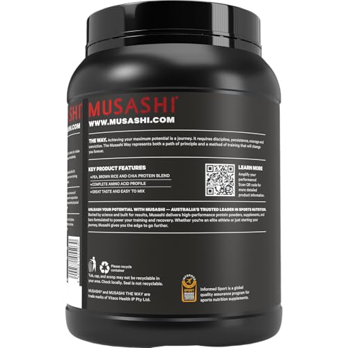 Image of Musashi Plant Protein Powder, Chocolate, 900g (1.98 lb), Pea, Brown Rice and Chia Protein Blend with BCAAs & L-Glutamine, 23g Protein, 130 Calories per Serving