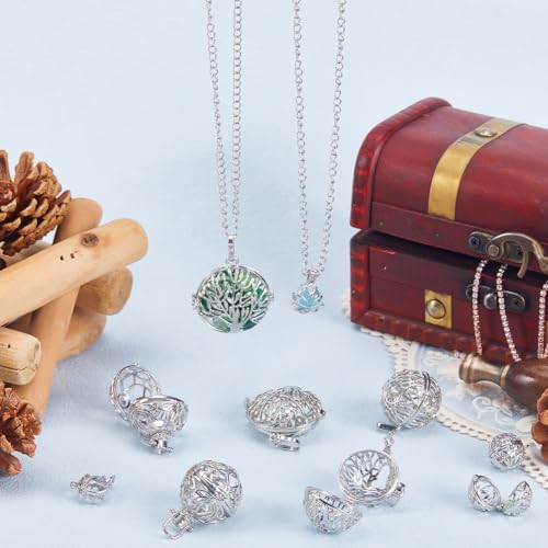 SUNNYCLUE 10Pcs Cage Charms Large Locket Cage Pendants Crystal Cage Necklaces Holder Silver Tree of Life Lotus Flowers Openable Charm Chakra Stone Bead Necklace Holders for jewellery Making Charms - Image 4
