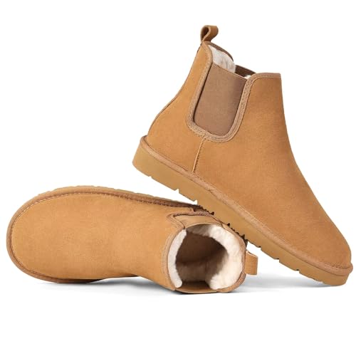 OOW Chelsea Boots Women Warm Comfort Anti-slip Ankle Snow Fuzzy Fall Winter Short Boots for Outdoor Indoor Brown