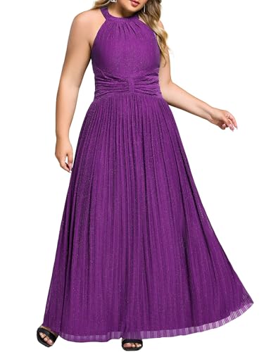 Image of Ever-Pretty Plus Women's Floor Length A-Line Halter Sleeveless Pleated Glitter Plus Size Formal Dress Evening Gown