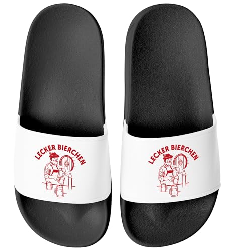 MoonWorks® Badeschlappen Lustig Spruch Lecker Bierchen Badelatschen Unisex Bedruckt Herren Damen Badeschuhe Männer Frauen Schwarz-Weiss 43