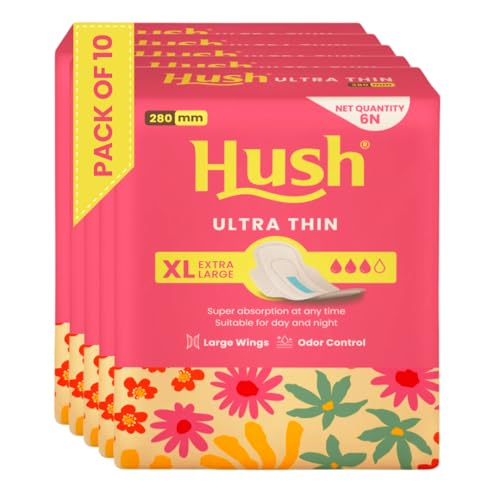 Image of Hush Ultrathin Sanitary Pads | 280mm | Super Absorption | Large Wings | Odour Lock | Comfortable & Long-Lasting Protection | Pack of 10 | XL | 60 Sanitary Pads