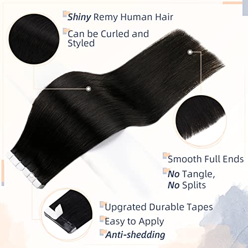 RUNATURE Tape in Hair Extensions Human Hair 24inch Tape Hair Extensions Real Human Hair Black Invisible Remy Straight Tape Hair 20 Pieces/50G #1B - Image 3
